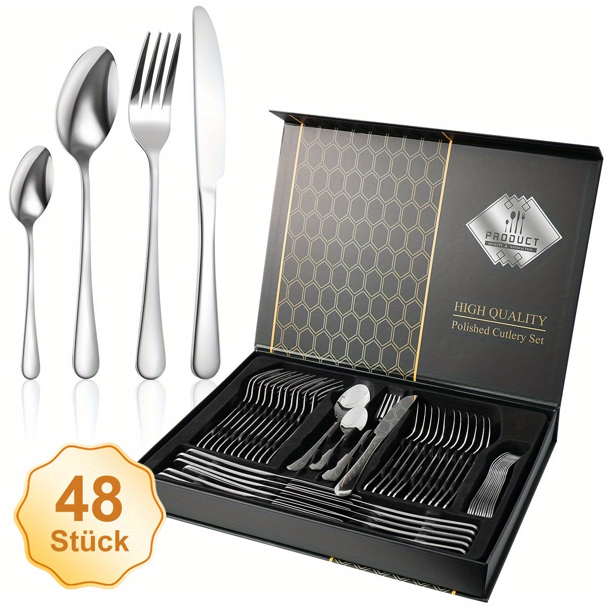 Set di posate in acciaio inossidabile da 48 pezzi per 12 persone | Elegante confezione regalo, posate premium, lucidate a specchio, lavabili in lavastoviglie, coltelli da bistecca, forchette e cucchiai ergonomici | per riunioni di famiglia, matrimoni, ina