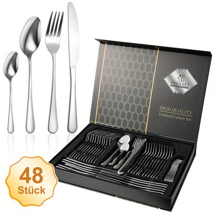 Set di posate in acciaio inossidabile da 48 pezzi per 12 persone | Elegante confezione regalo, posate premium, lucidate a specchio, lavabili in lavastoviglie, coltelli da bistecca, forchette e cucchiai ergonomici | per riunioni di famiglia, matrimoni, ina