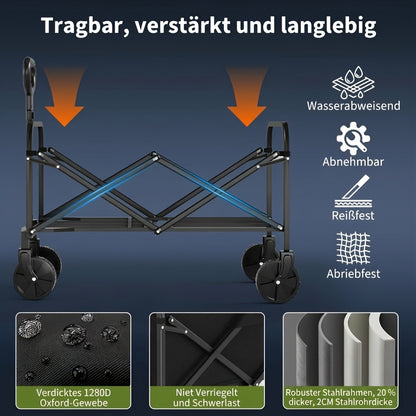 Carrello Pieghevole e Pieghevole, 220L Grande Capacità, Robusto Carrello Multiuso con Carico di 170kg, Ruote Girevoli a 360° All-Terrain da 12.7cm, Telaio in Acciaio, Manico Regolabile, Porta Bicchieri, Carrello Pieghevole Portatile per Giardino Campeggio