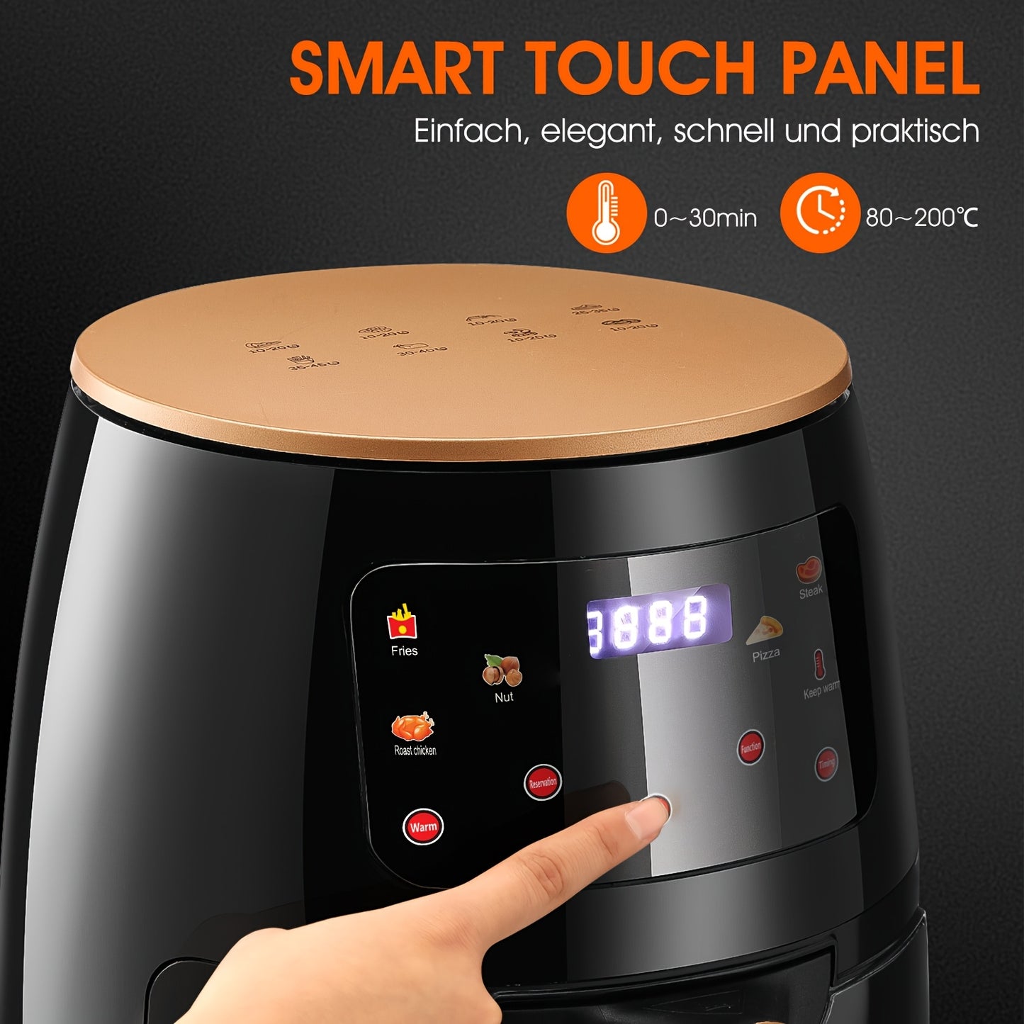 Friggitrice ad aria 6L con finestra trasparente, nuova grande capacità, touch screen, multifunzione, mini forno, controlli touch con 6 preimpostazioni, cestello antiaderente e lavabile in lavastoviglie, - Nero, pollo, patatine, arrosticini, arrosti, disid