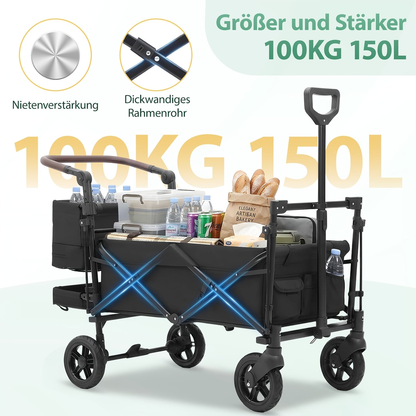 Carrello a mano pieghevole con tetto per carichi pesanti 100 kg 150 L - Ruote con freno, maniglia regolabile, tessuto in nylon Oxford per campeggio in famiglia, shopping e giardinaggio (Grigio/Nero/Grigio-Nero/Verde scuro)