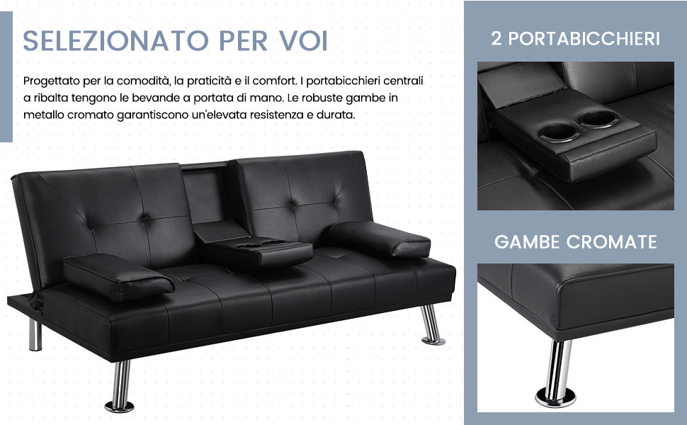 Costoffs Divano Letto a 3 Posti Divano Trasformabile con 2 Braccioli Staccabili Mobile Imbottito con Supporto Centrale Porta Bicchieri Divanetto Reclinabile da Salotto