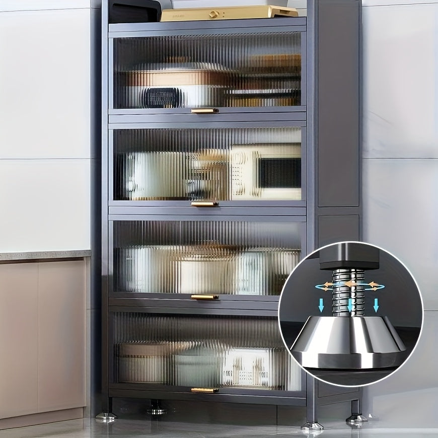 Armadietto da Cucina in Metallo a 5 Livelli con Ante Acriliche, Altezza 144.78 cm - Mobile Autoportante Grigio Scuro con Piedini Regolabili, Soluzione Versatile per Cucina, Sala da Pranzo e Organizzazione, Costruzione Robusta