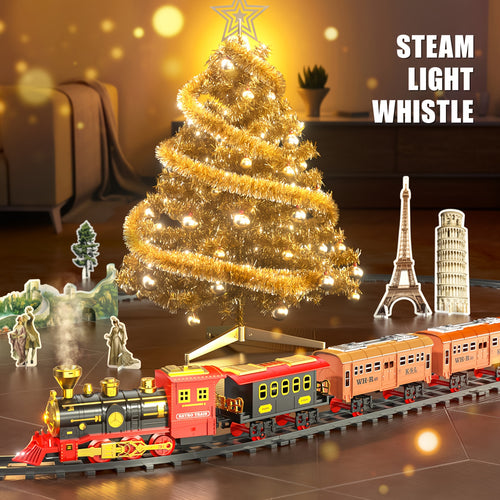Set di binari per treni elettrici, giocattolo per decorazioni natalizie, locomotiva retrò tradizionale con luce, vapore e suono, giunzione binari, giocattolo educativo, treno in metallo pressofuso, regalo di compleanno e Natale