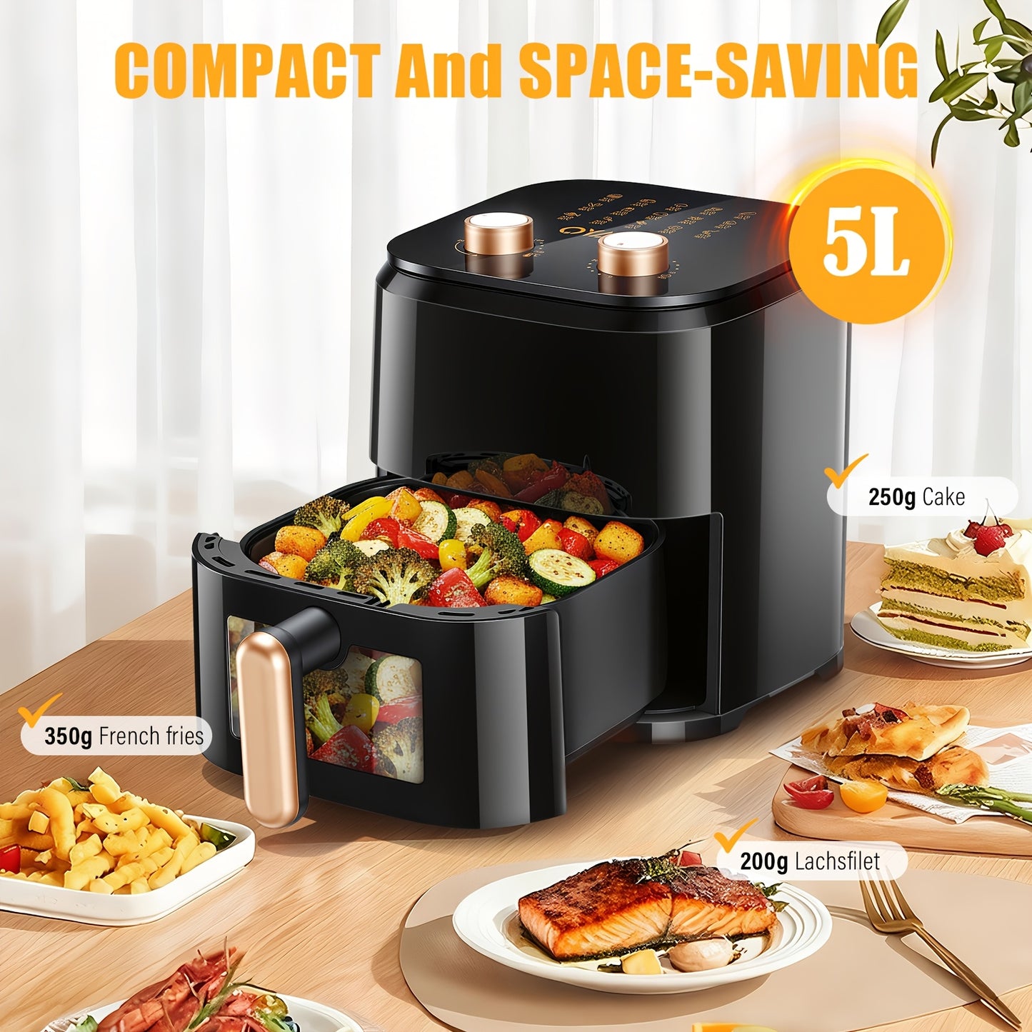 Friggitrice ad aria da 5L per 2-3 persone, Friggitrice ad aria piccola con 15 opzioni di menu, Doppio manopola per temperatura manuale, Timer, Circolazione rapida dell'aria 3D, Antiaderente, Cestello lavabile in lavastoviglie, Cottura sana senza olio