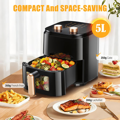 Friggitrice ad aria da 5L per 2-3 persone, Friggitrice ad aria piccola con 15 opzioni di menu, Doppio manopola per temperatura manuale, Timer, Circolazione rapida dell'aria 3D, Antiaderente, Cestello lavabile in lavastoviglie, Cottura sana senza olio