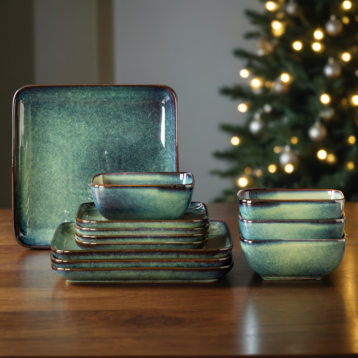 Set da pranzo verde da 12 pezzi, stoviglie quadrate con smalto reattivo, set di stoviglie da cucina in argilla con piatto da portata, piatto da dessert, set di ciotole per 4 persone, lavabile in lavastoviglie e adatto al microonde, fatto a mano, regalo pe