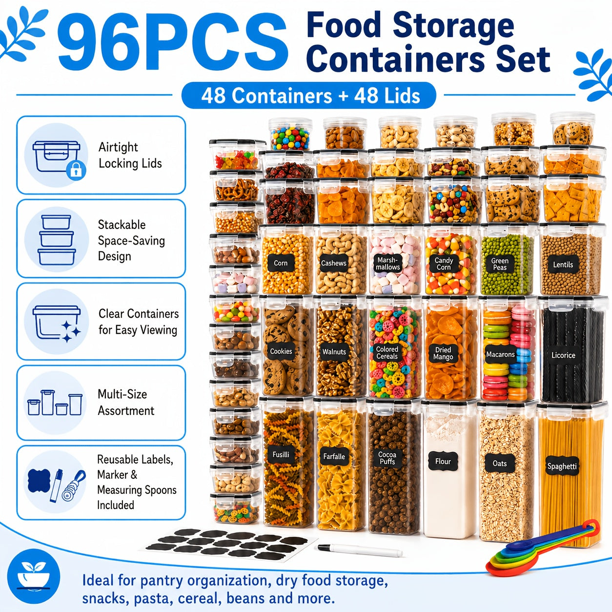 Set da 96/60/22 pezzi // Confezione di contenitori ermetici per alimenti con coperchi a scatto adatti per pasta, farina, zucchero e prodotti secchi - Barattoli e coperchi in plastica PP, organizzatori rettangolari per dispensa per cereali, snack, conserva