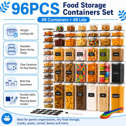 Set da 96/60/22 pezzi // Confezione di contenitori ermetici per alimenti con coperchi a scatto adatti per pasta, farina, zucchero e prodotti secchi - Barattoli e coperchi in plastica PP, organizzatori rettangolari per dispensa per cereali, snack, conserva