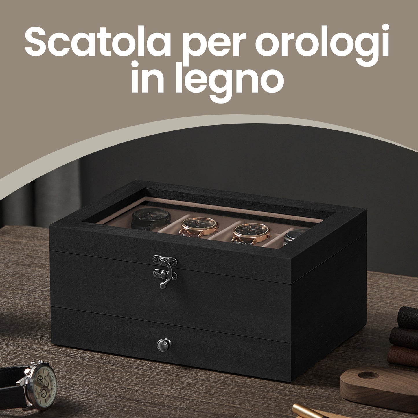 Scatola Porta Orologi in Legno, Custodia per Orologi Meccanici e Gioielli a 8 Scomparti con Coperchio in Vetro, Fodera in Velluto, Inserti Imbottiti, Organizzatore per la Casa, Scelta Regalo Ideale, Scatola Regalo di Natale