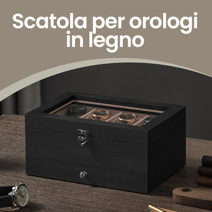 Scatola Porta Orologi in Legno, Custodia per Orologi Meccanici e Gioielli a 8 Scomparti con Coperchio in Vetro, Fodera in Velluto, Inserti Imbottiti, Organizzatore per la Casa, Scelta Regalo Ideale, Scatola Regalo di Natale