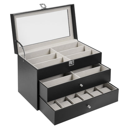 Scatola portaocchiali e orologi a 3 strati con 24 scomparti, custodia organizzatrice per occhiali da vista alla moda per donna e uomo - Portaocchiali portaoggetti multiplo con cassetto, coperchio in vetro e passante per esterni