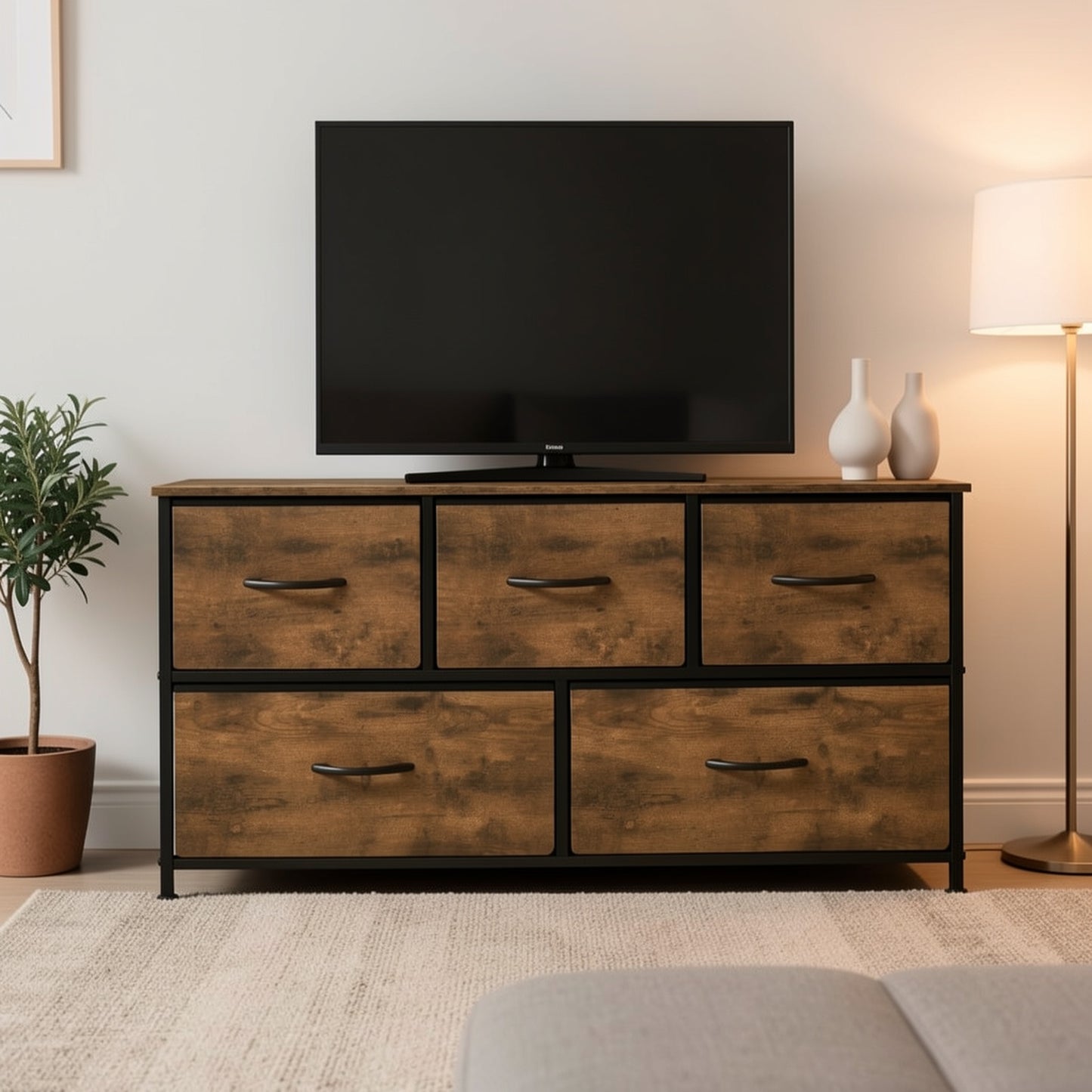 1 pz Cassettiera, Mobile a Cassetti, Telaio in Metallo, Realizzata in Legno, 5 Cassetti in Tessuto Non Tessuto, Utilizzabile come Comodino, Credenza, Mobile TV, Adatta per Camera da Letto, Soggiorno, Corridoio, Multifunzionale, Contenitore per la Casa, Ca