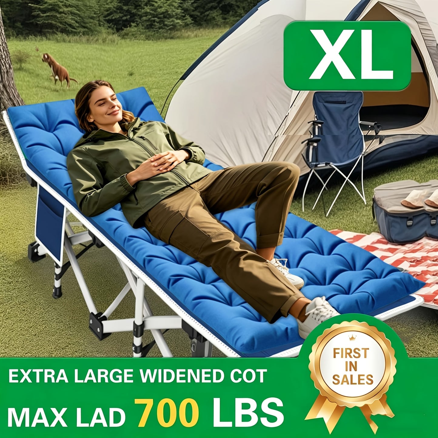 Lettino da campeggio pieghevole portatile XXL misura 200 cm x 190 cm, con materasso rimovibile e capacità di supporto fino a 300 kg e 400 kg. Non richiede installazione ed è ideale per uso esterno, campeggio, tende, uffici, case.