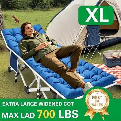 Lettino da campeggio pieghevole portatile XXL misura 200 cm x 190 cm, con materasso rimovibile e capacità di supporto fino a 300 kg e 400 kg. Non richiede installazione ed è ideale per uso esterno, campeggio, tende, uffici, case.