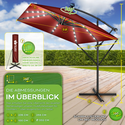 Tillvex® Tenda da Sole Rettangolare in Alluminio con LED Solare Ø 330 Cm + Copertura con Manovella | Ombrello Angolare con Luce Stradale, Supporto e Parabrezza | Grande Ombrello da Giardino in Alluminio con Protezione UV | Ombrello con Manovella, Ombrello