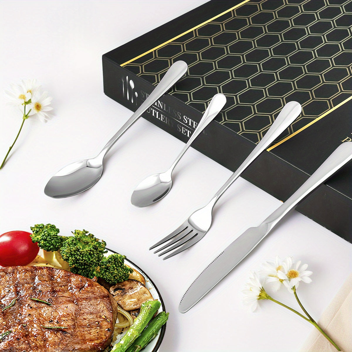 Set di posate in acciaio inossidabile da 48 pezzi per 12 persone | Elegante confezione regalo, posate premium, lucidate a specchio, lavabili in lavastoviglie, coltelli da bistecca, forchette e cucchiai ergonomici | per riunioni di famiglia, matrimoni, ina