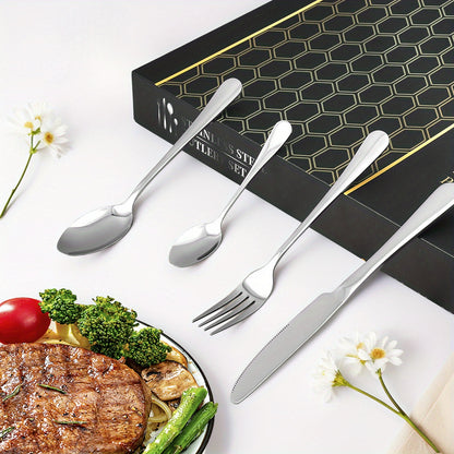 Set di posate in acciaio inossidabile da 48 pezzi per 12 persone | Elegante confezione regalo, posate premium, lucidate a specchio, lavabili in lavastoviglie, coltelli da bistecca, forchette e cucchiai ergonomici | per riunioni di famiglia, matrimoni, ina
