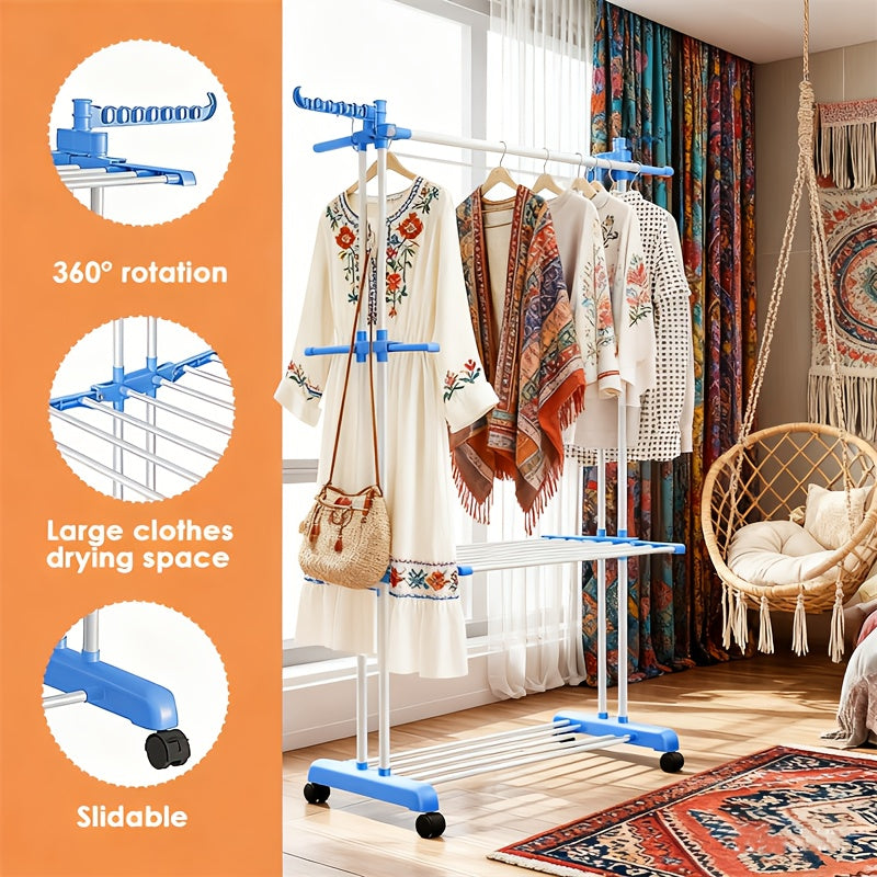 1pz Stendibiancheria a Pavimento, Stendibiancheria Telescopico Mobile a 3 Livelli, Multifunzionale per Casa, Balcone/Esterno, Stendibiancheria Pieghevole per Abiti (Tipo a Rullo), Stendibiancheria