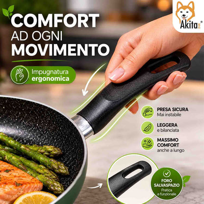 Akitaink Set 3 Padelle Antiaderenti Natura 20-24-28 cm Verde, Padelle in Alluminio con Rivestimento Antiaderente, Cottura Uniforme e Facile Pulizia