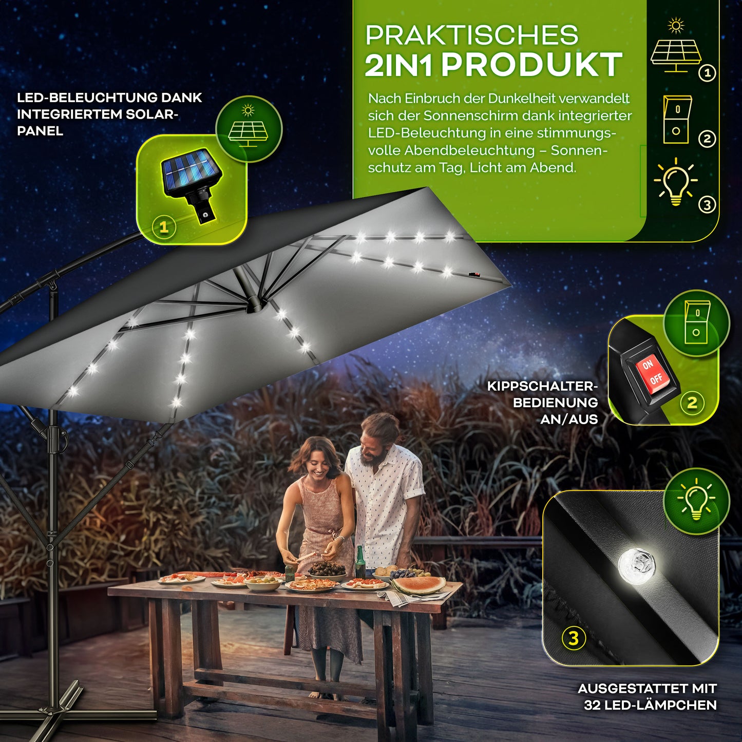 Tillvex® Tenda da Sole Rettangolare in Alluminio con LED Solare Ø 330 Cm + Copertura con Manovella | Ombrello Angolare con Luce Stradale, Supporto e Parabrezza | Grande Ombrello da Giardino in Alluminio con Protezione UV | Ombrello con Manovella, Ombrello