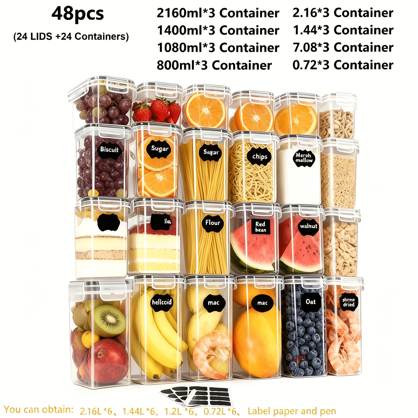 Contenitori per alimenti sigillati 48/20 pezzi, organizer e contenitori multiuso per la cucina, barattoli per alimenti in plastica sana per cereali, farina, zucchero, pasta, inclusi etichette e marcature (24 coperchi e 24 barattoli)