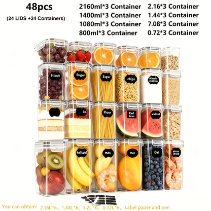 Contenitori per alimenti sigillati 48/20 pezzi, organizer e contenitori multiuso per la cucina, barattoli per alimenti in plastica sana per cereali, farina, zucchero, pasta, inclusi etichette e marcature (24 coperchi e 24 barattoli)