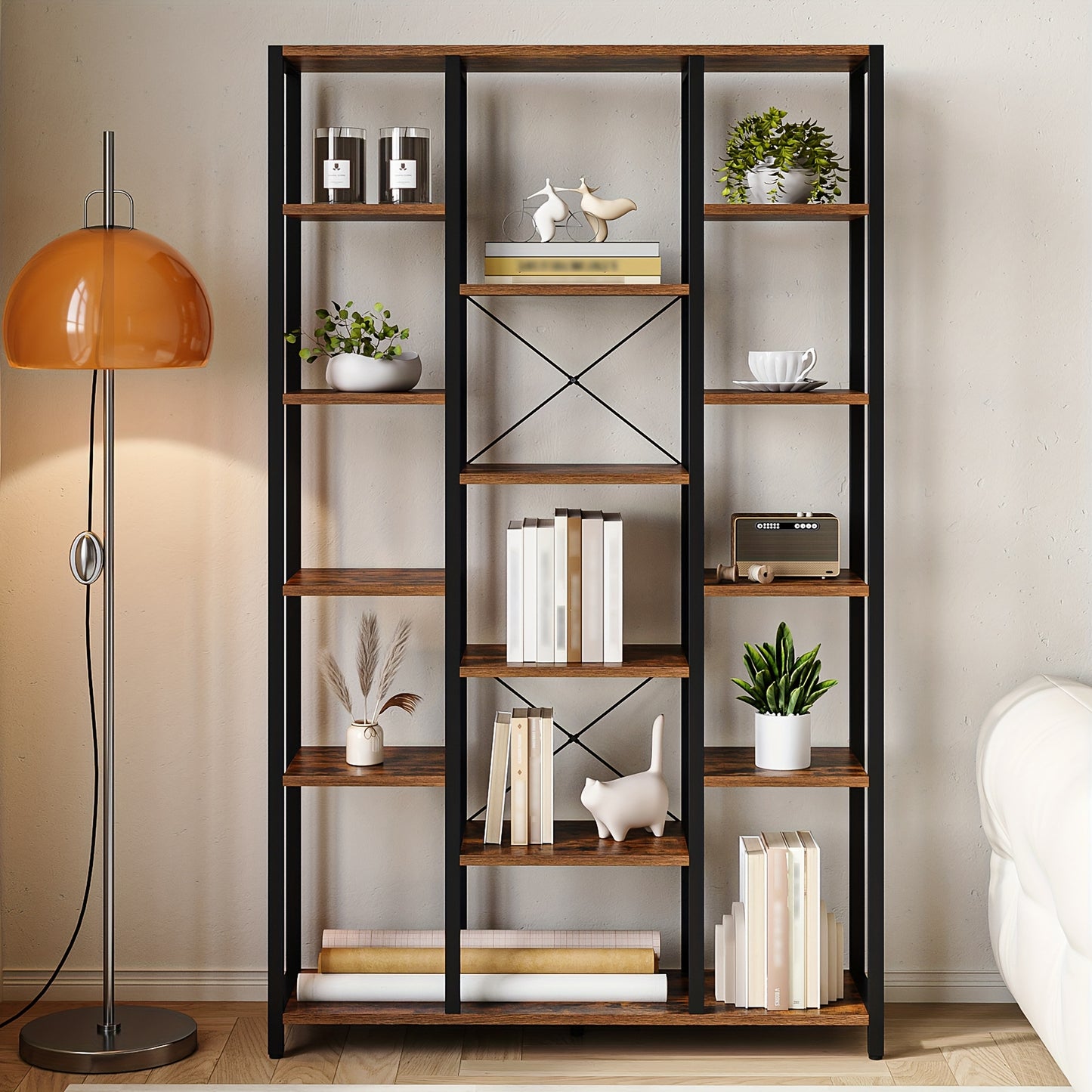 Bookshelf, Scaffale Verticale Con 6 Livelli E 15 Ripiani, Ripiani Aperti Regolabili, Per Soggiorno, Ufficio, Camera Da Letto, 30 X 100 X 170cm, Marrone Scuro Vintage