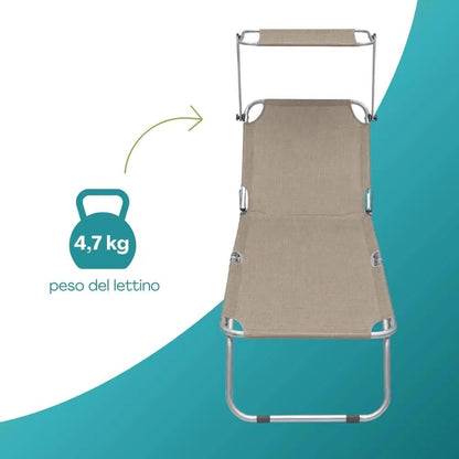 2 Lettini Prendisole Pieghevoli con Tetto Parasole, Misura 180x55x90 cm, Tessuto Textilene, Struttura Metallo Tubolare da 18mm, per Spiaggia, Piscina, Giardino, Peso Max 120kg