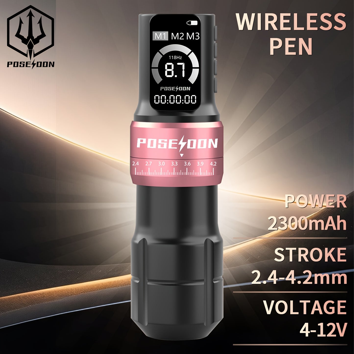 Kit Macchinetta Tatuaggio Rotante Wireless POSEIDON, Penna con Motore Senza Albero e Passo Regolabile da 2.4-4.2Mm, Due Batterie con Schermo Digitale da 2300Mah, Include 10 Aghi per Tatuaggio e Altre Accessori