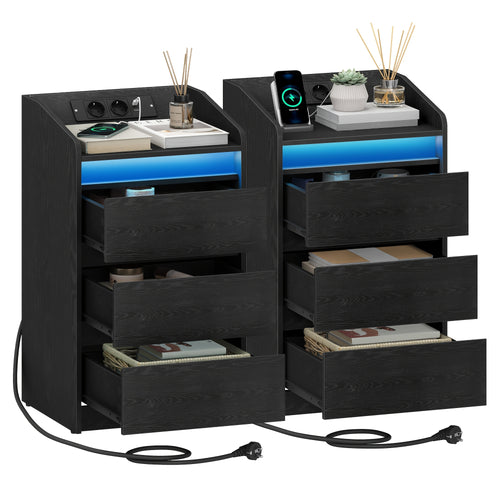 Set di 2 Cassettiere con 3 Cassetti, Tavolino con Stazione di Ricarica e LED, 2 Prese AC e 2 Porte USB, Soluzione per la Camera da Letto, Conservazione di Libri e Oggetti Vari in Soggiorno e Camera, Organizzazione e Conservazione, Unità di Cassetti per la