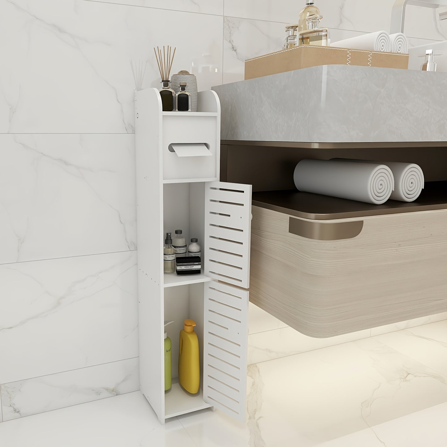 Armadietto da bagno piccolo, organizzatore sottile e lavorato in PVC, ideale per spazi ristretti, facile da montare e durevole, mobiletto multiuso porta carta igienica per bagno, camera da letto e soggiorno
