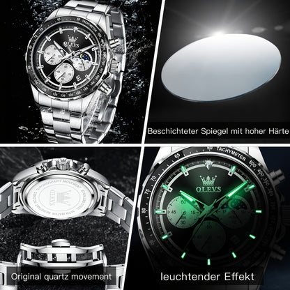 OLEVS Orologi da Uomo con Quadrante Fase Lunare Acciaio Inossidabile/Cinturino in Pelle Cronografo Lusso Business Abito Analogico Quarzo Orologi da Uomo Classici Casual Eleganti Orologi da Polso Quadrante Luminoso Nero/Bianco/Blu/Verde