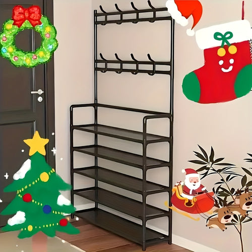 Portaabiti con Scarpiera Organizzatore, 3 in 1 Albero d'Ingresso in Metallo con 5 Ripiani e 8 Ganci Rimovibili, Portaabiti Autoportante per Ingresso con Spazio per Abiti, Scarpe, Cappelli, Borse e Ombrelli