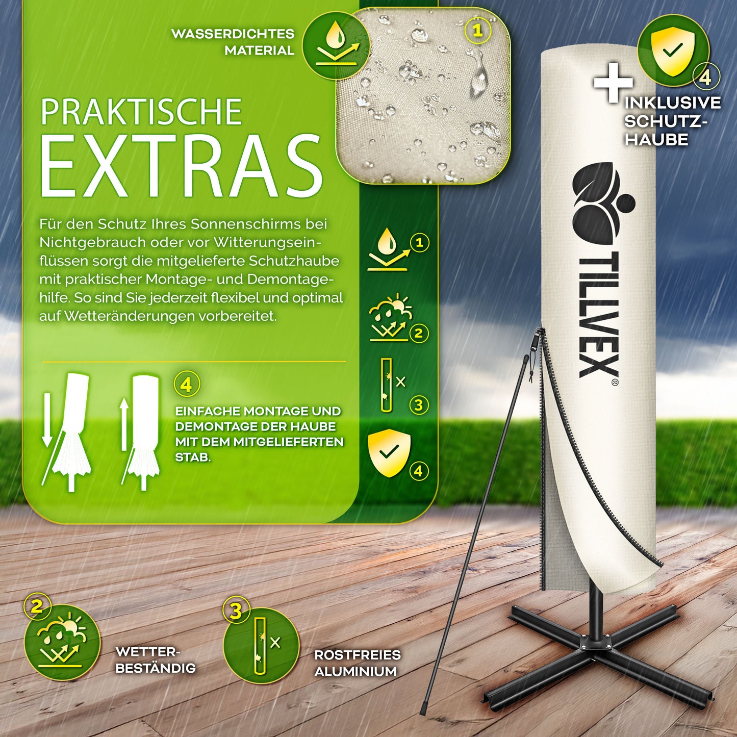 Tillvex® Tenda da Sole Rettangolare in Alluminio con LED Solare Ø 330 Cm + Copertura con Manovella | Ombrello Angolare con Luce Stradale, Supporto e Parabrezza | Grande Ombrello da Giardino in Alluminio con Protezione UV | Ombrello con Manovella, Ombrello