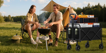 Carrello Pieghevole e Pieghevole, 220L Grande Capacità, Robusto Carrello Multiuso con Carico di 170kg, Ruote Girevoli a 360° All-Terrain da 12.7cm, Telaio in Acciaio, Manico Regolabile, Porta Bicchieri, Carrello Pieghevole Portatile per Giardino Campeggio