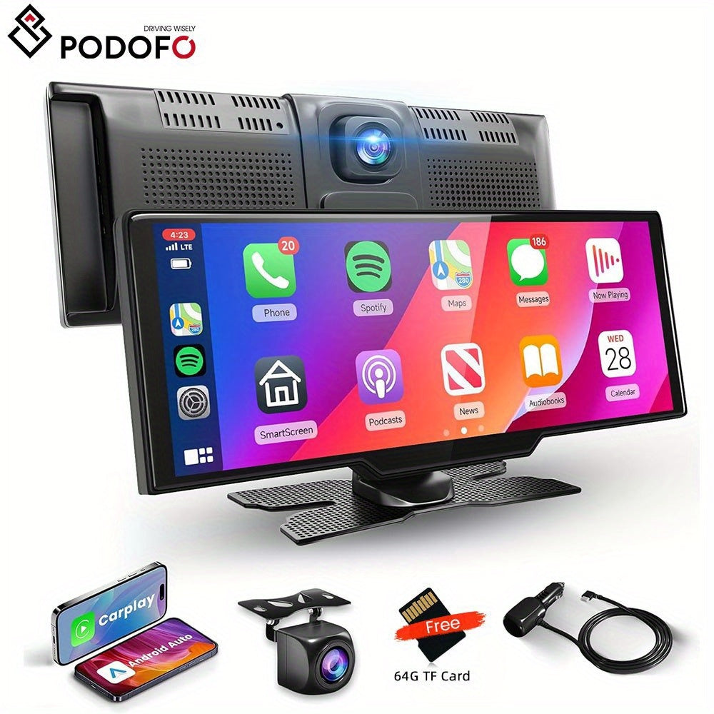 PODOFO 26.06cm Wireless Carplay Android Auto, Autoradio Portatile con Dash Cam 2.5K, Telecamera di Backup 1080P, Navigazione Car Play Controllo Vocale, Chiamata/Musica a Mani Libere, Trasmettitore AUX/FM, Scheda TF 64GB Gratuita, Regali di Buon Natale, Re