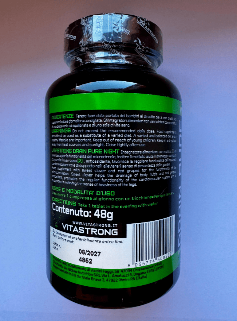 Drainpure Night Vitastrong Vegan — Integratore alimentare con bromelina, uva rossa, meliloto, quercetina, 60 compresse senza glutine, lattosio