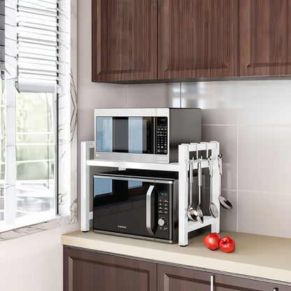 Scaffale Estendibile per Microonde a 2 Livelli con 5 Ganci, Porta Taglieri e 3 Asciugamani, Scaffale per Cucina, Scaffale per Microonde e Forno da Piano, Estendibile 40-64 cm (Nero, Bianco)