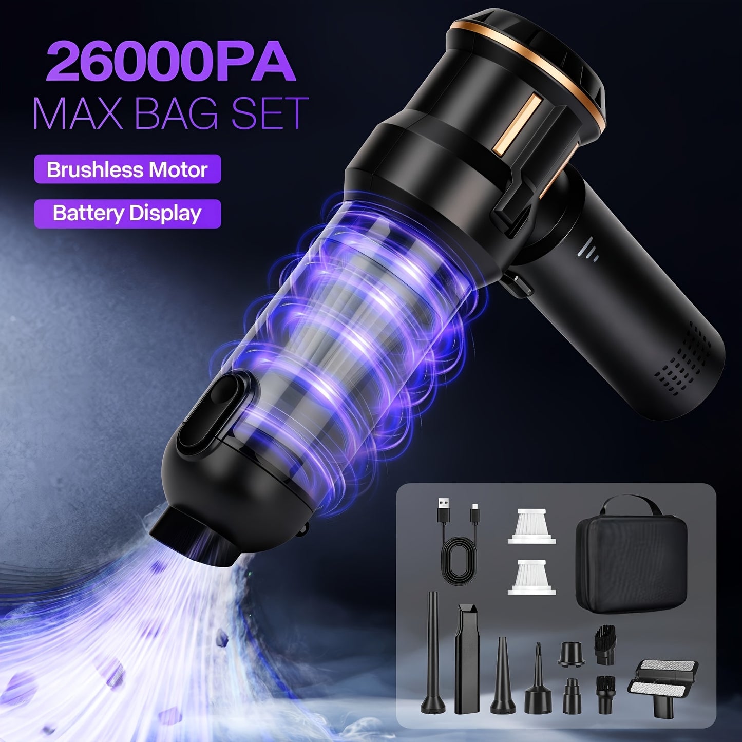 Aspirapolvere portatile senza fili 26000Pa | Mini aspirapolvere portatile 9-in-1 per impieghi gravosi con potente aspirazione | Senza cavo, contenitore della polvere facile da svuotare, accessori inclusi, batteria agli ioni di litio, per auto, casa, peli