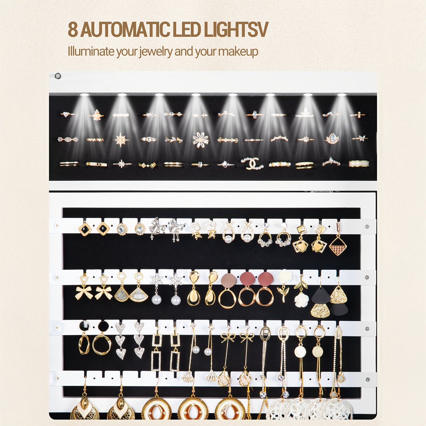 Armadio specchio per gioielli con 8 LED, organizer per gioielli con appendiabiti, specchio a specchio intero con serratura e 4 ruote, ripiani portaoggetti con ganci, 5 in 1, bianco e nero, armadietti per gioielli
