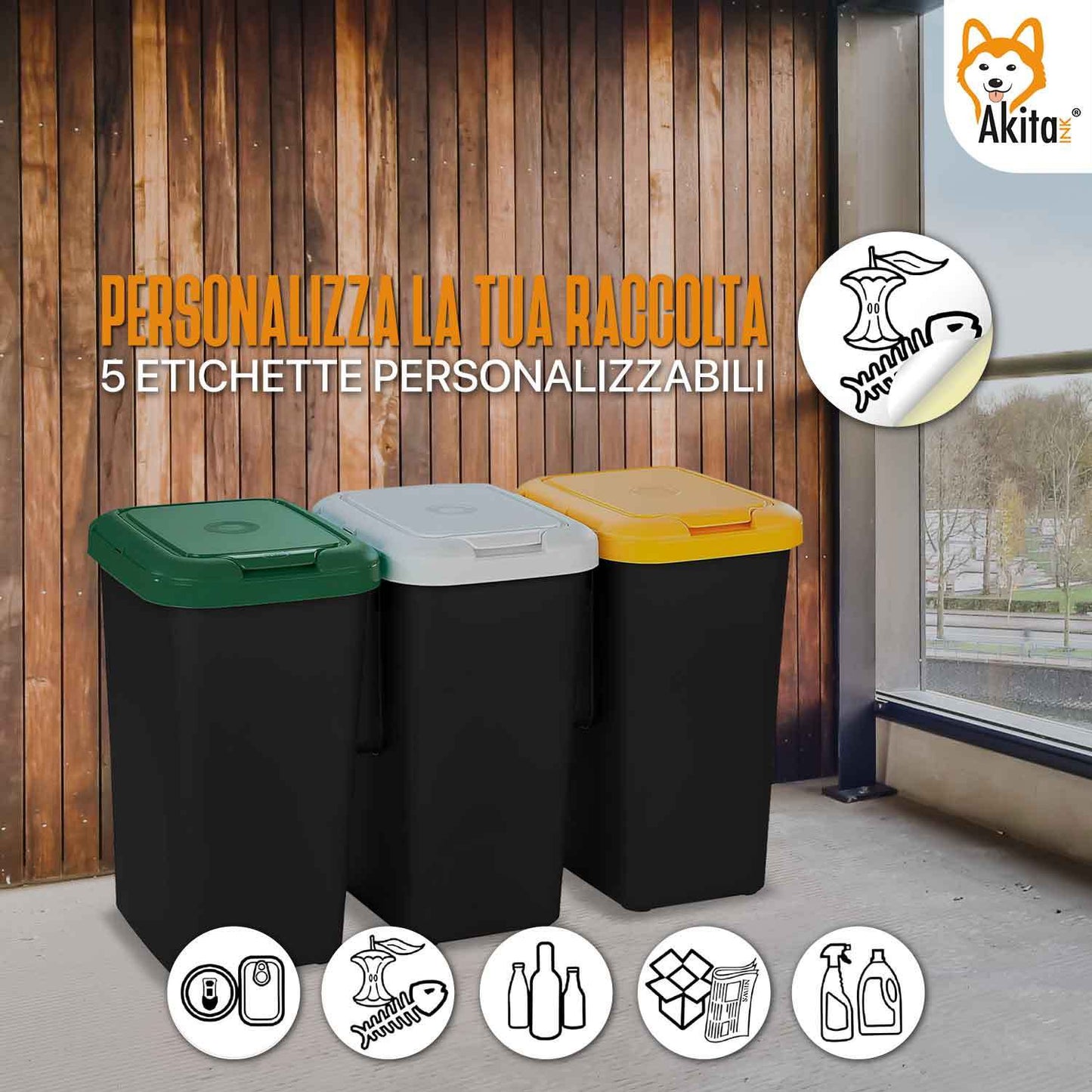 Pattumiera Differenziata AKITAINK AKIROCK 75L – 3 Scomparti da 25L con Coperchi Colorati e Blocca-Sacchetto, Cestino Raccolta Differenziata per Casa, Ufficio e Spazi Esterni