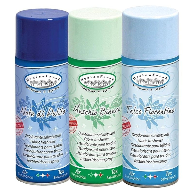 HOME PRO - Kit Spray Deodorante Igienizzante Muschio Bianco, Talco Fiorentino e Note di Pulito - Elimina Odori e Profuma Tessuti e Ambienti - 3x400ml - Made in Italy