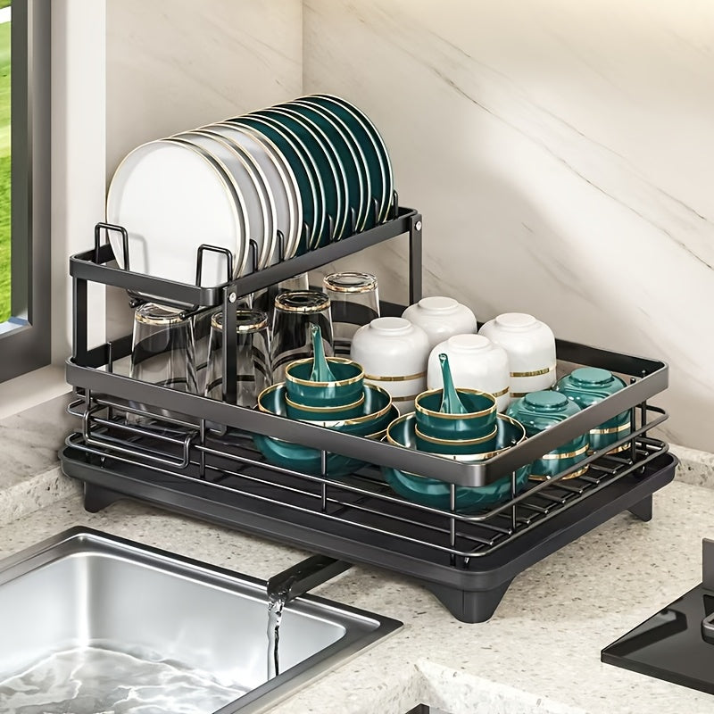 1 pezzo Organizzatore per Piatti in Metallo - Organizzatore per Piano Cucina Salvaspazio con Scolapiatti, Porta Utensili e Ganci per Tazze, Scaffale Pieghevole a Due Livelli per Piatti, Ciotole, Posate - Ideale per Cucine Domestiche e Commerciali, Asciuga