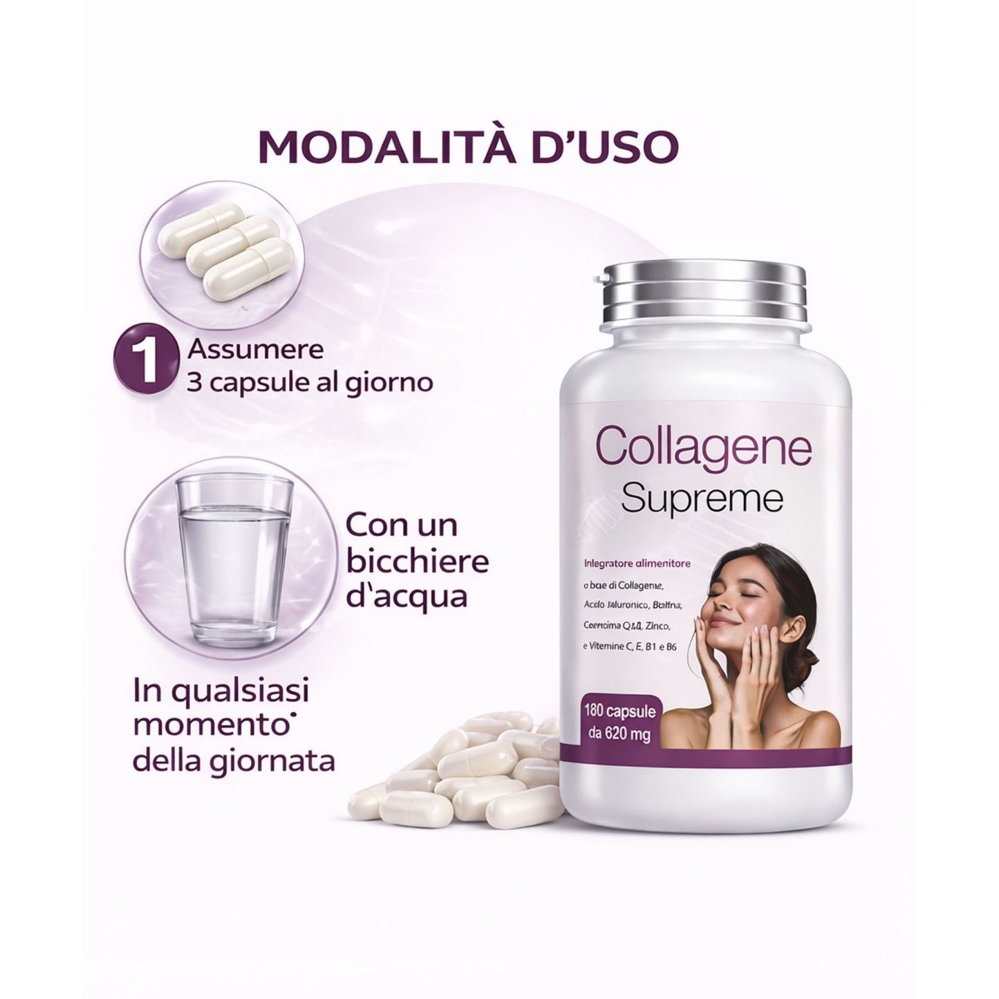 Integratore Collagene e Acido Ialuronico 180 Capsule con Coenzima Q10 e Biotina - Prodotto Naturale - Made in Italy - Spedizione veloce da magazzino locale