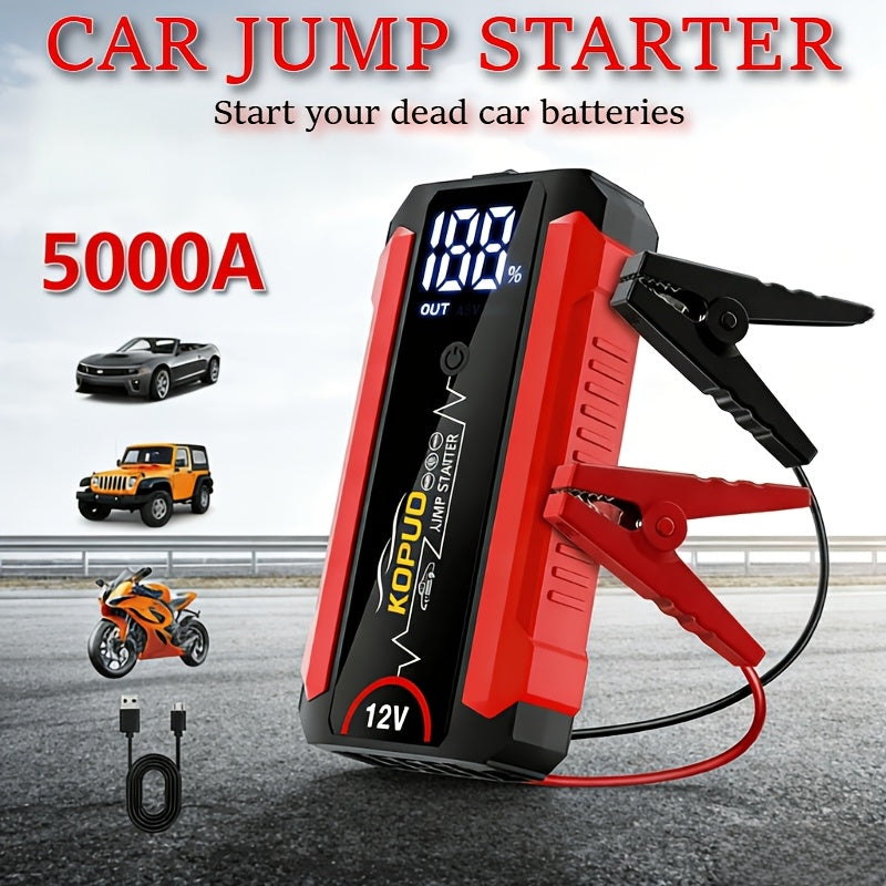 KOPUO 5000A Avviatore di Emergenza per Auto 12V, Avvia Batterie Scariche in Secondi, Booster di Batteria di Emergenza, Fino a 7.5L di Benzina & 5.5L di Diesel, Avviatore di Batteria Portatile per Auto, SUV, Furgoni, Camion & Moto, Display LCD, Torcia LED