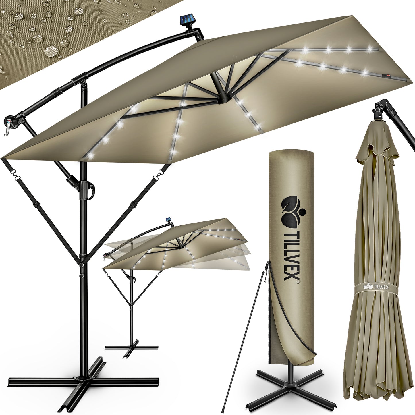 Tillvex® Tenda da Sole Rettangolare in Alluminio con LED Solare Ø 330 Cm + Copertura con Manovella | Ombrello Angolare con Luce Stradale, Supporto e Parabrezza | Grande Ombrello da Giardino in Alluminio con Protezione UV | Ombrello con Manovella, Ombrello