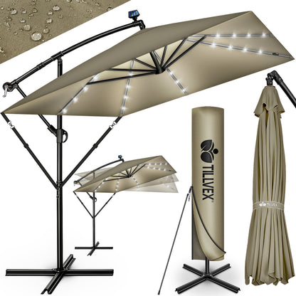 Tillvex® Tenda da Sole Rettangolare in Alluminio con LED Solare Ø 330 Cm + Copertura con Manovella | Ombrello Angolare con Luce Stradale, Supporto e Parabrezza | Grande Ombrello da Giardino in Alluminio con Protezione UV | Ombrello con Manovella, Ombrello