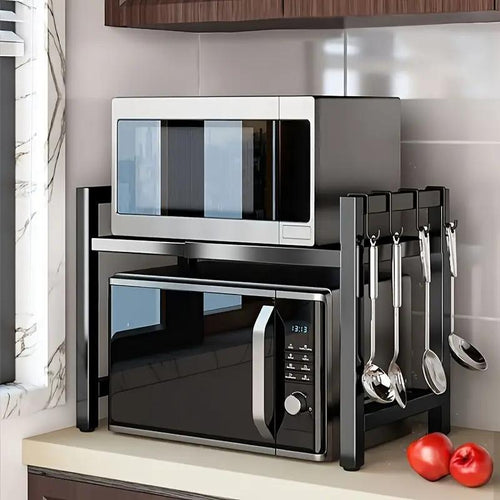 Scaffale per microonde, ripiano da appoggio per microonde espandibile per riporre utensili da cucina e stoviglie, scaffale salvaspazio regolabile a 2 livelli con 6 ganci, ripiano da appoggio in acciaio al carbonio per microonde, ripiano per microonde e ut