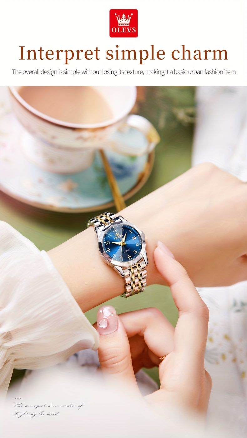 OLEVS Orologio da Donna Classico Moda Analogico Quarzo Donna Orologio Elegante Lusso Piccolo Quadrante Cinturino in Acciaio Inossidabile Luminoso con Calendario Data Orologi da Donna Regali Romantici per Lei Orologio da Donna Quadrante Blu/Bianco/Dorato